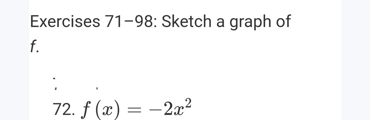 Exercises 71-98: Sketch a graph of
f.
72. f (æ) = -2x²
:-2x2
