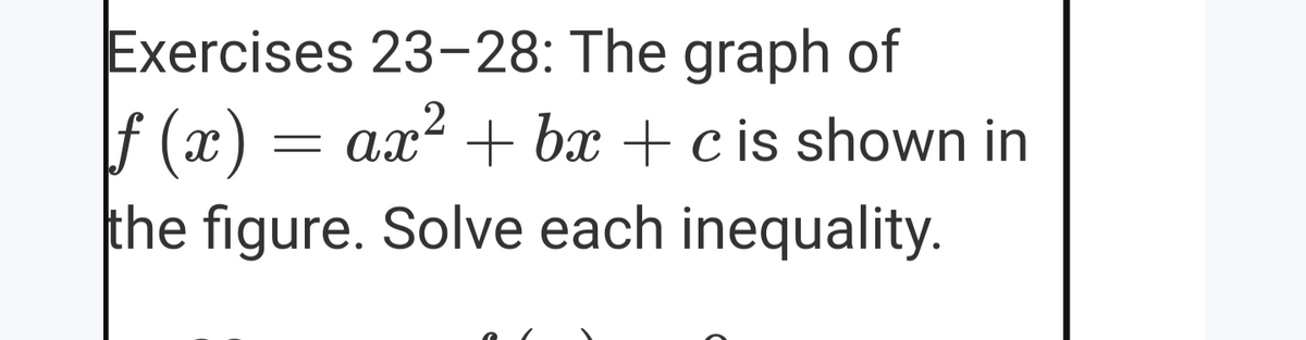 Exercises 23-28: The graph of
f (x) = ax² + bx + c is shown in
the figure. Solve each inequality.
