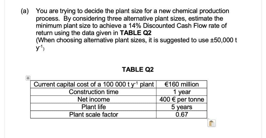 (a) You are trying to decide the plant size for a new chemical production
process. By considering three alternative plant sizes, estimate the
minimum plant size to achieve a 14% Discounted Cash Flow rate of
return using the data given in TABLE Q2
(When choosing alternative plant sizes, it is suggested to use +50,000 t
y')
TABLE Q2
Current capital cost of a 100 000 t y1 plant
Construction time
€160 million
1
Net income
Plant life
Plant scale factor
year
400 € per tonne
5 years
0.67
