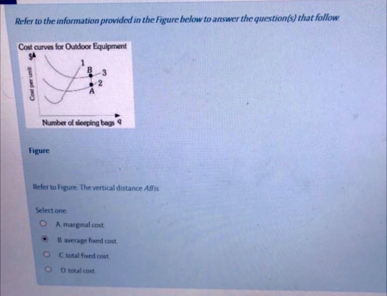 Refer to the information provided in the Figure below to answer the question(s) that follow.
Cost curves for Outdoor Equipment
Number of sleeping bags
Figure
Refer to Figure. The vertical distance ABis
Select one
A marginal cost
B average fxed cost
C total fixed cost
D total cost
Cost per unit
