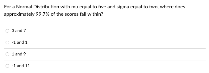 For a Normal Distribution with mu equal to five and sigma equal to two, where does
approximately 99.7% of the scores fall within?
3 and 7
-1 and 1
1 and 9
-1 and 11
