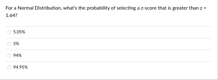 For a Normal Distribution, what's the probability of selecting a z-score that is greater than z =
1.64?
5.05%
5%
94%
94.95%
