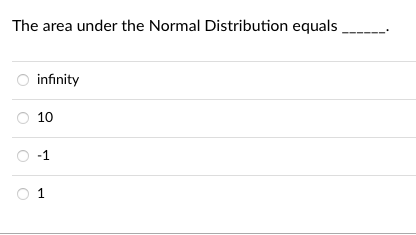 The area under the Normal Distribution equals
infinity
10
-1
1
