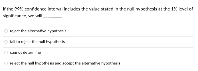 If the 99% confidence interval includes the value stated in the null hypothesis at the 1% level of
significance, we will
reject the alternative hypothesis
fail to reject the null hypothesis
cannot determine
reject the null hypothesis and accept the alternative hypothesis
