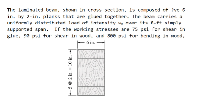 The laminated beam, shown in cross section, is composed of ?ve 6-
in. by 2-in. planks that are glued together. The beam carries a
uniformly distributed load of intensity wə over its 8-ft simply
supported span. If the working stresses are 75 psi for shear in
glue, 90 psi for shear in wood, and 800 psi for bending in wood,
6 in.
5 @ 2 in. = 10 in.
