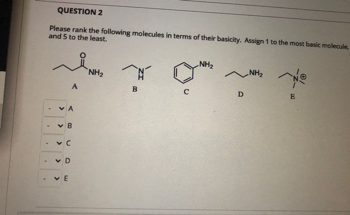 QUESTION 2
Please rank the following molecules in terms of their basicity. Assign 1 to the most basic molecule,
and 5 to the least.
NH2
NH2
NH2
VA
V B
VD
VE
