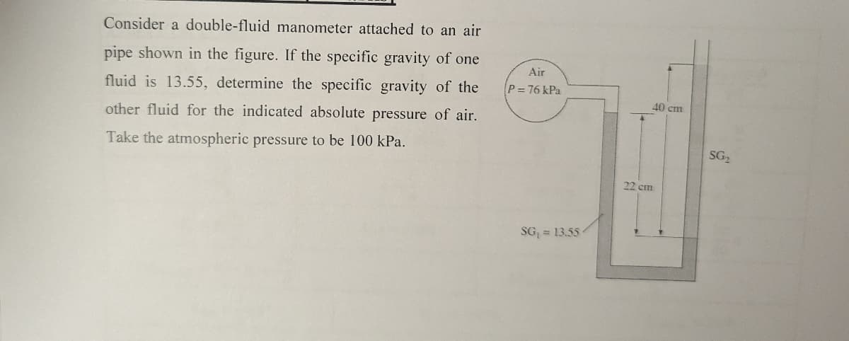 Consider a double-fluid manometer attached to an air
pipe shown in the figure. If the specific gravity of one
fluid is 13.55, determine the specific gravity of the
other fluid for the indicated absolute pressure of air.
Take the atmospheric pressure to be 100 kPa.
Air
P= 76 kPa
SG₁ = 13.55
22 cm
40 cm
SG₂
