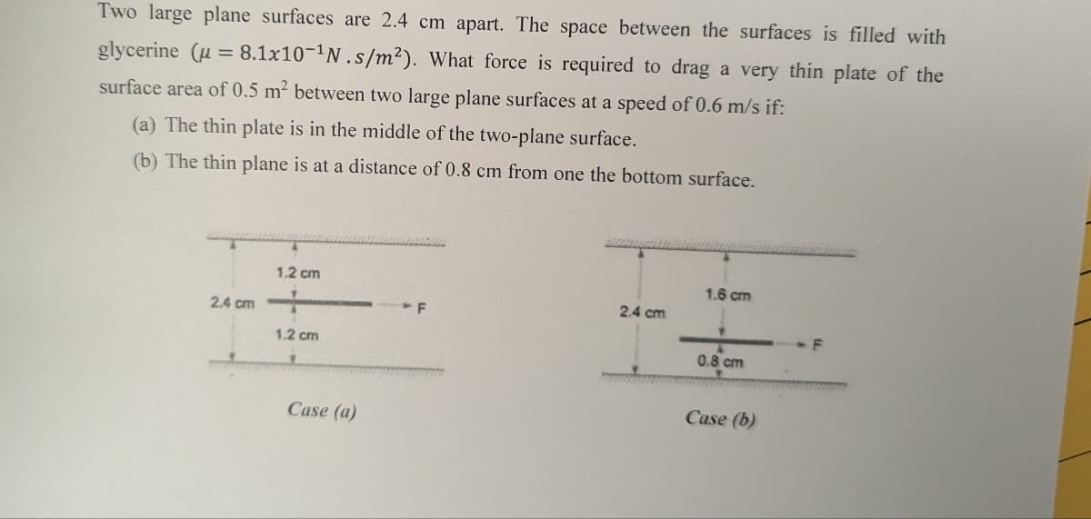 Two large plane surfaces are 2.4 cm apart. The space between the surfaces is filled with
glycerine (u = 8.1x10-¹N.s/m²). What force is required to drag a very thin plate of the
surface area of 0.5 m² between two large plane surfaces at a speed of 0.6 m/s if:
(a) The thin plate is in the middle of the two-plane surface.
(b) The thin plane is at a distance of 0.8 cm from one the bottom surface.
1.2 cm
2.4 cm-
1.2 cm
Case (a)
F
2.4 cm
1.6 cm
1
0.8 cm
Case