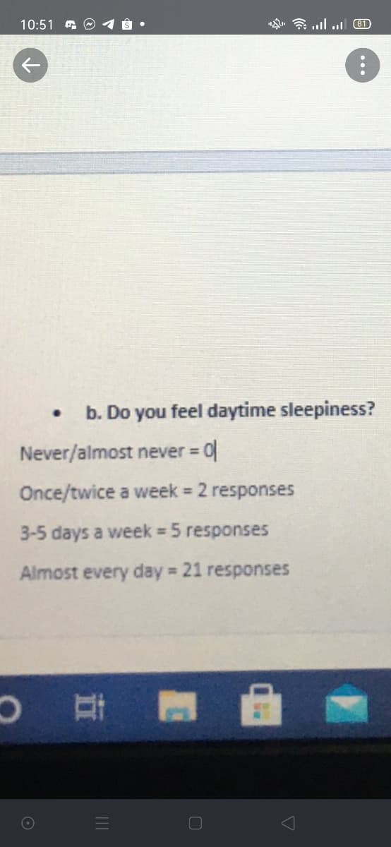 10:51 G O 1 8
b. Do you feel daytime sleepiness?
Never/almost never 0
%3D
Once/twice a week = 2 responses
3-5 days a week = 5 responses
Almost every day = 21 responses
