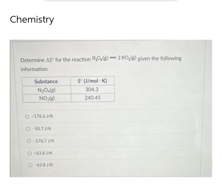 Chemistry
Determine AS for the reaction N₂O, (g) 2 NO₂(g) given the following
information.
Substance
S° (J/mol K)
N₂O4(8)
304.3
NO₂(g)
240.45
O +176.6 J/K
O-50.7 J/K
O-176.7 J/K
O +63.8 J/K
O-63.8 J/K