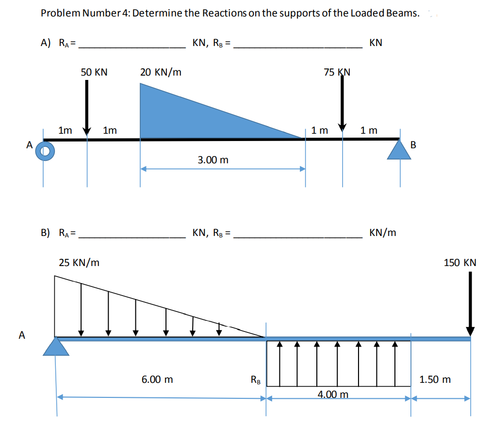Problem Number 4: Determine the Reactions on the supports of the Loaded Beams.
A) RA=
KN, R8 = ,
KN
50 KN
20 KN/m
75 KN
1m
1m
1 m Y 1 m
A
В
3.00 m
B) RA =
KN, Rg =
KN/m
25 KN/m
150 KN
A
6.00 m
RB
1.50 m
4.00 m.
