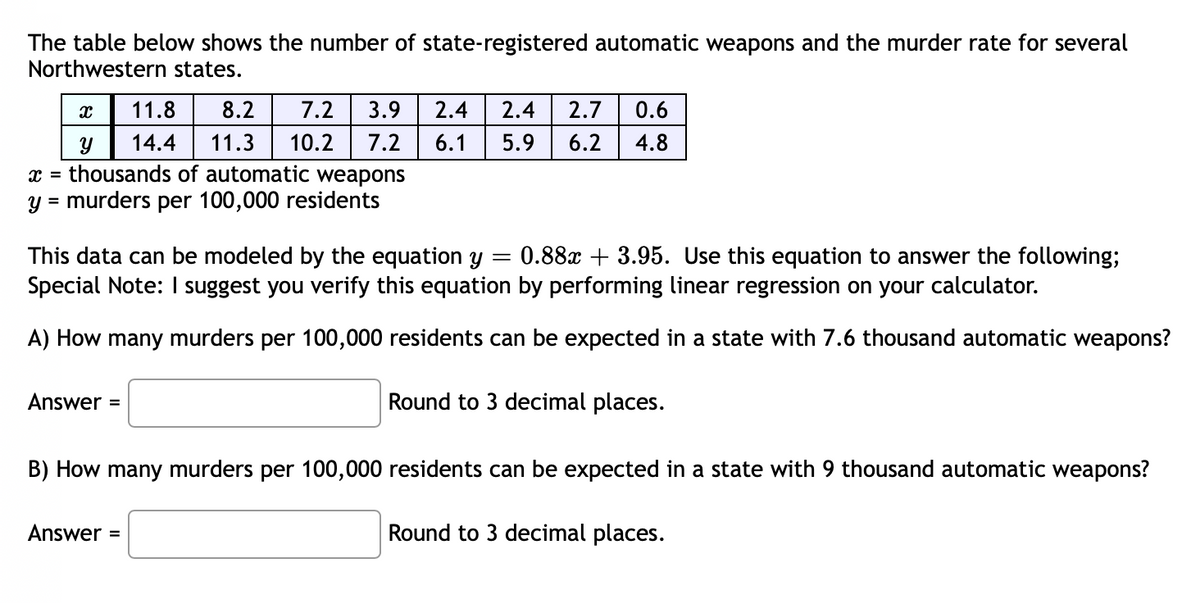 The table below shows the number of state-registered automatic weapons and the murder rate for several
Northwestern states.
11.8
8.2
7.2
3.9
2.4
2.4
2.7
0.6
14.4
11.3
10.2
7.2
6.1
5.9
6.2
4.8
thousands of automatic weapons
y = murders per 100,000 residents
%3D
This data can be modeled by the equation y = 0.88x + 3.95. Use this equation to answer the following;
Special Note: I suggest you verify this equation by performing linear regression on your calculator.
A) How many murders per 100,000 residents can be expected in a state with 7.6 thousand automatic weapons?
Answer =
Round to 3 decimal places.
B) How many murders per 100,000 residents can be expected in a state with 9 thousand automatic weapons?
Answer =
Round to 3 decimal places.
