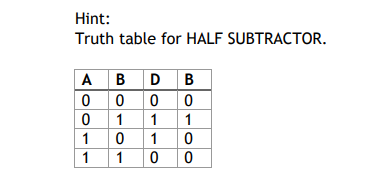 Hint:
Truth table for HALF SUBTRACTOR.
A B D B
0 0 0
0 1
1 0
1
1
1
1
0 0
