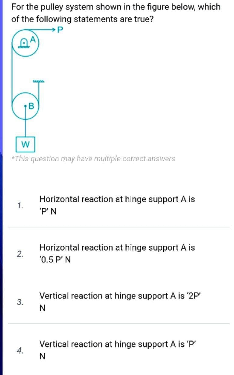 For the pulley system shown in the figure below, which
of the following statements are true?
DA
1B
W
*This question may have multiple correct answers
Horizontal reaction at hinge support A is
1.
'P' N
Horizontal reaction at hinge support A is
2.
'0.5 P' N
Vertical reaction at hinge support A is '2P'
3.
N
Vertical reaction at hinge support A is 'P'
4.
N
