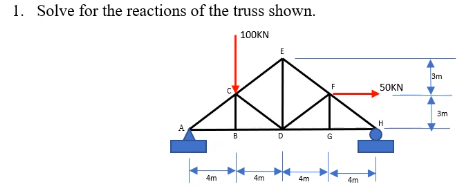 1. Solve for the reactions of the truss shown.
100KN
E
3m
50KN
3m
H
D
G
4m
4m
4m
4m
