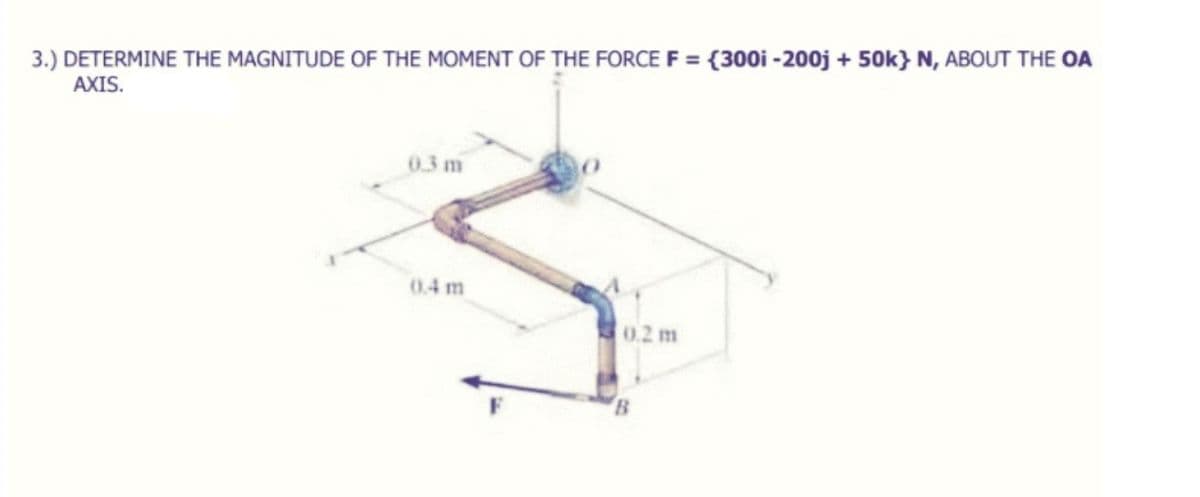 3.) DETERMINE THE MAGNITUDE OF THE MOMENT OF THE FORCE F = {300i -200j + 50k} N, ABOUT THE OA
AXIS.
0.3 m
0.4 m
0.2 m
