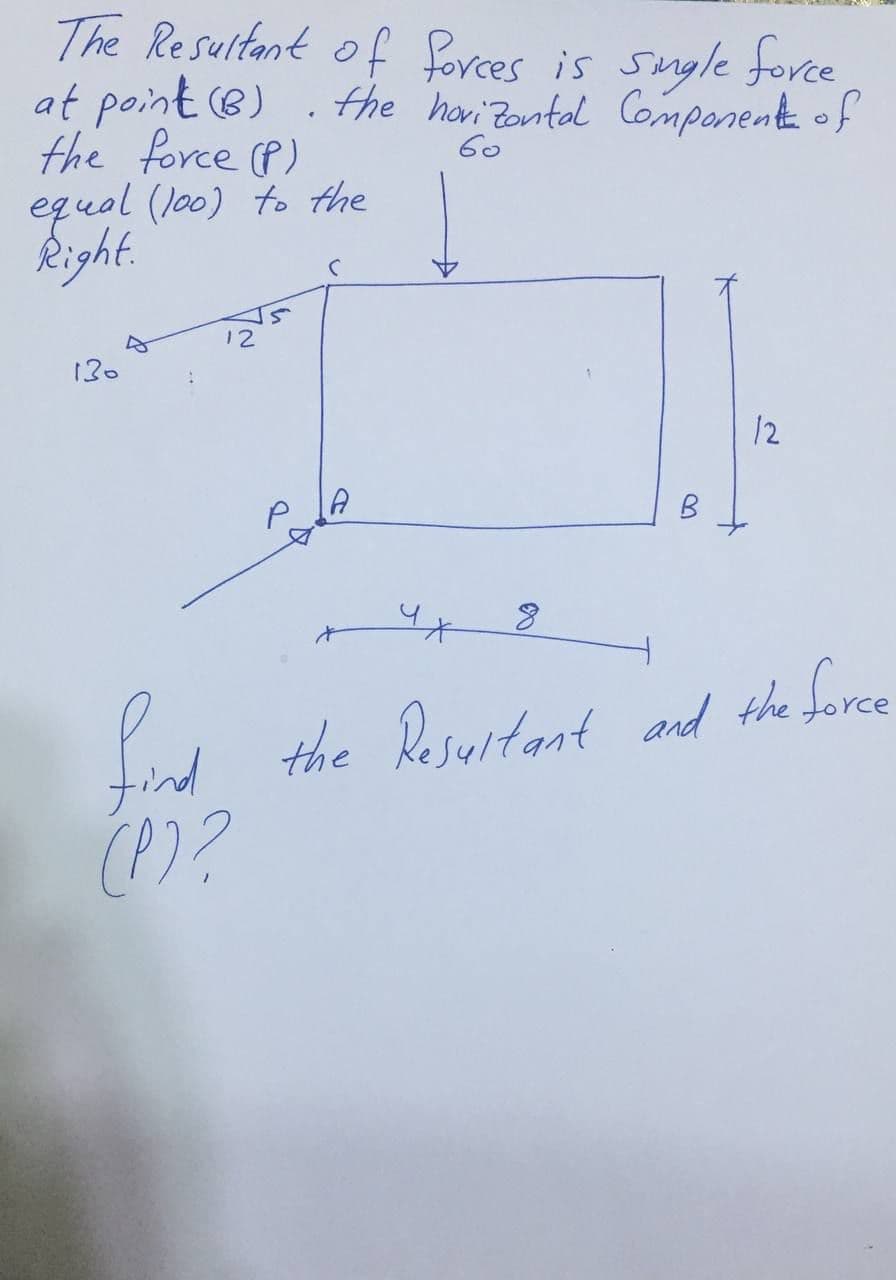 The Resultant of forces is sngle force
at point (8) . the haviZontal Component of
the force (P)
equol (lo0) to the
kight.
60
12
130
12
B
find
the Resuitant and the force
