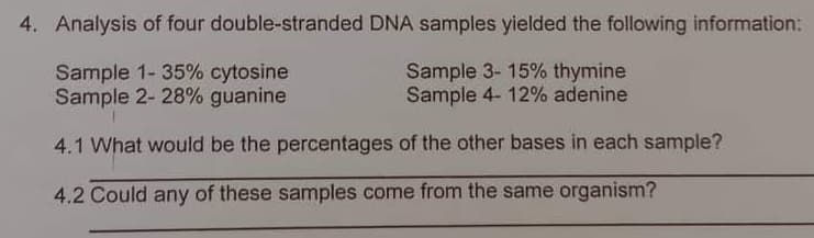 4. Analysis of four
double-stranded
DNA samples yielded the following information:
Sample 1-35% cytosine
Sample 3- 15% thymine
Sample 4- 12% adenine
Sample 2- 28% guanine
4.1 What would be the percentages of the other bases in each sample?
4.2 Could any of these samples come from the same organism?
