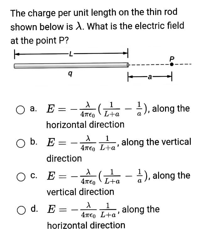 The charge per unit length on the thin rod
shown below is A. What is the electric field
at the point P?
-L
O a. E=
X
4π€о L+a
horizontal direction
O b. E
q
O C. E
-
-
direction
O d. E=
X
4л€
vertical direction
-
1
La), along the
1
L+а
1
1
47€о L+a'
horizontal direction
-a
a-
X
1
Año La, along the vertical
P
1), along the
along the