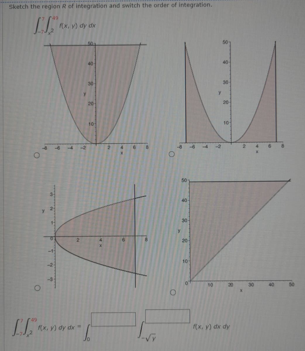 Sketch the region R of integration and switch the order of integration.
r49
f(x, y) dy dx
50
50
40
40-
30-
30
20
20-
10-
10-
-6
-2
4
-8
-6
-4
-2
2.
50
40
2
y
30
11
2.
4
20-
10-
10
20
30
40
50
r 49
f(x, y) dy dx =
f(x, y) dx dy
4x
