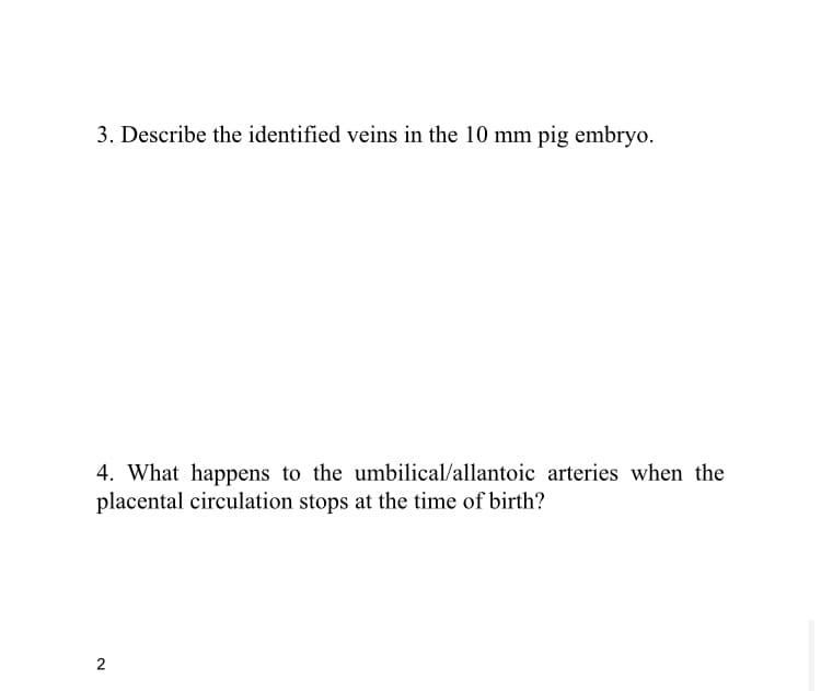 3. Describe the identified veins in the 10 mm pig embryo.
4. What happens to the umbilical/allantoic arteries when the
placental circulation stops at the time of birth?
2