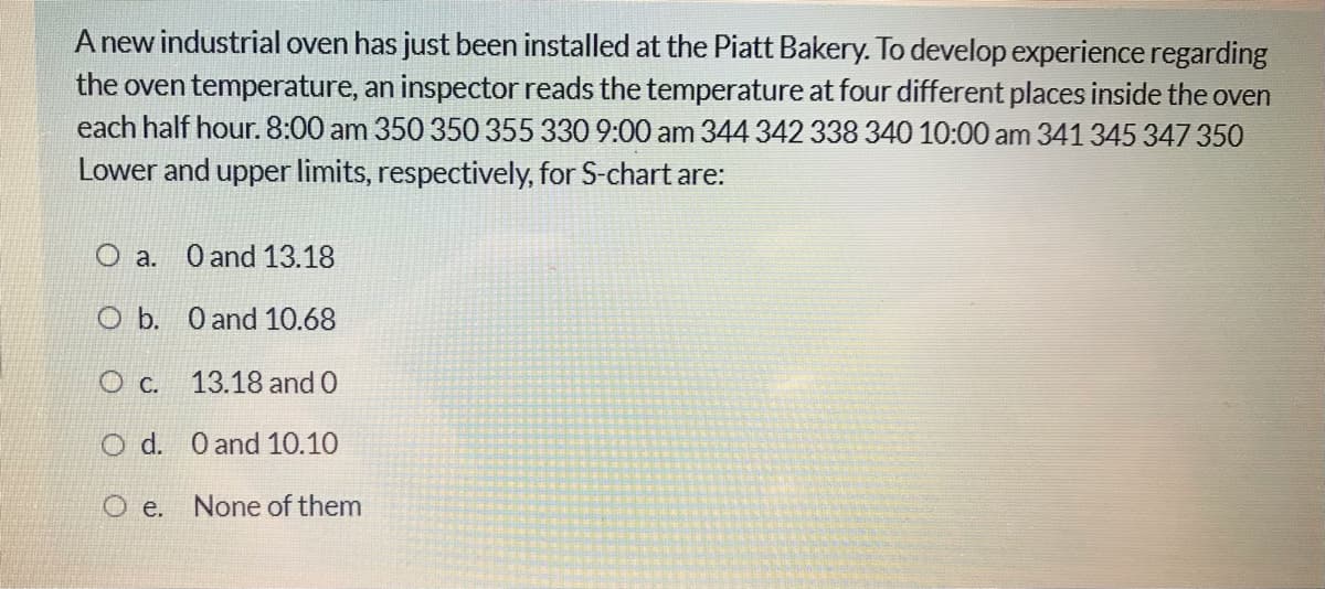 A new industrial oven has just been installed at the Piatt Bakery. To develop experience regarding
the oven temperature, an inspector reads the temperature at four different places inside the oven
each half hour. 8:00 am 350 350 355330 9:00 am 344 342 338340 10:00 am 341 345 347 350
Lower and upper limits, respectively, for S-chart are:
O a. O and 13.18
O b. O and 10.68
O c. 13.18 and 0
O d. O and 10.10
O e.
None of them

