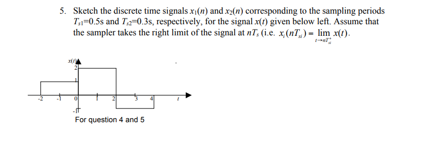 5. Sketch the discrete time signals x1(n) and x2(n) corresponding to the sampling periods
T1=0.5s and T-0.3s, respectively, for the signal x(t) given below left. Assume that
the sampler takes the right limit of the signal at nT, (i.e. x,(nT,) = lim x(t).
x(
For question 4 and 5
