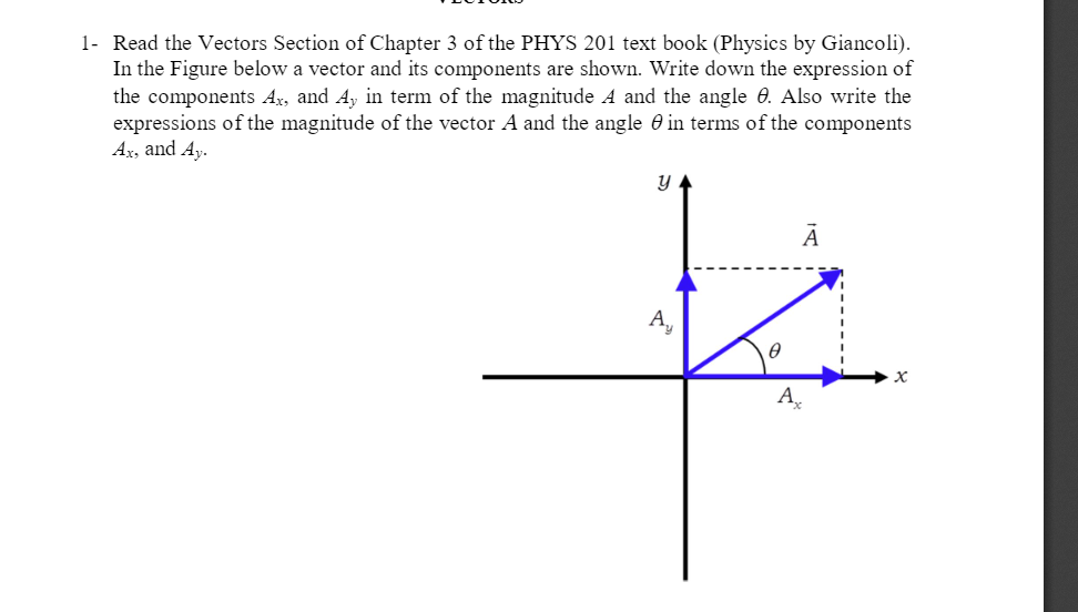 1- Read the Vectors Section of Chapter 3 of the PHYS 201 text book (Physics by Giancoli).
In the Figure below a vector and its components are shown. Write down the expression of
the components Ax, and Ay in term of the magnitude A and the angle 0. Also write the
expressions of the magnitude of the vector A and the angle 0 in terms of the components
Ax, and Ay.
A,
A,
