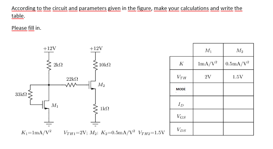 According to the circuit and parameters given in the figure, make your calculations and write the
table.
wmww w n
ww bbn m
w w w w
Please fill in.
www ww w
+12V
+12V
M1
M2
2kN
10kN
K
ImA/V²
0.5mA/V²
VTH
2V
1.5V
22kN
M2
MODE
33k2
M1
Ip
1kN
VGS
Vps
K1=lmA/V²
Vth1=2V; M2: K2=0.5mA/V² VTH2=1.5V
