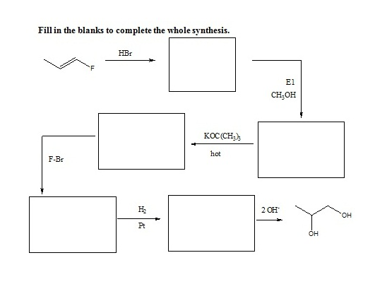 Fill in the blanks to complete the whole synthesis.
HBr
El
CH;OH
кос сн
hot
F-Br
2 OH
он
Pt
