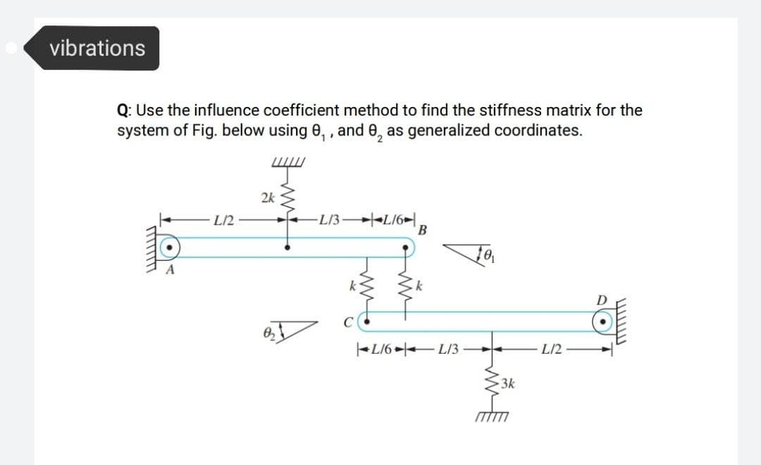 vibrations
Q: Use the influence coefficient method to find the stiffness matrix for the
system of Fig. below using 0, , and 0, as generalized coordinates.
2k
L/2
-L/3 LI6|
L16 -- L/3
L/2
3k
