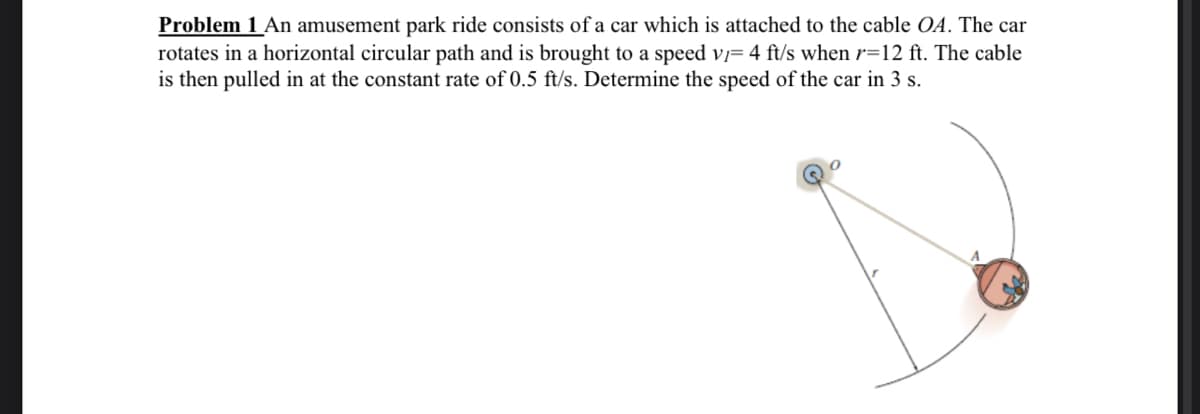 Problem 1 An amusement park ride consists of a car which is attached to the cable OA. The car
rotates in a horizontal circular path and is brought to a speed VỊ= 4 ft/s when r=12 ft. The cable
is then pulled in at the constant rate of 0.5 ft/s. Determine the speed of the car in 3 s.
