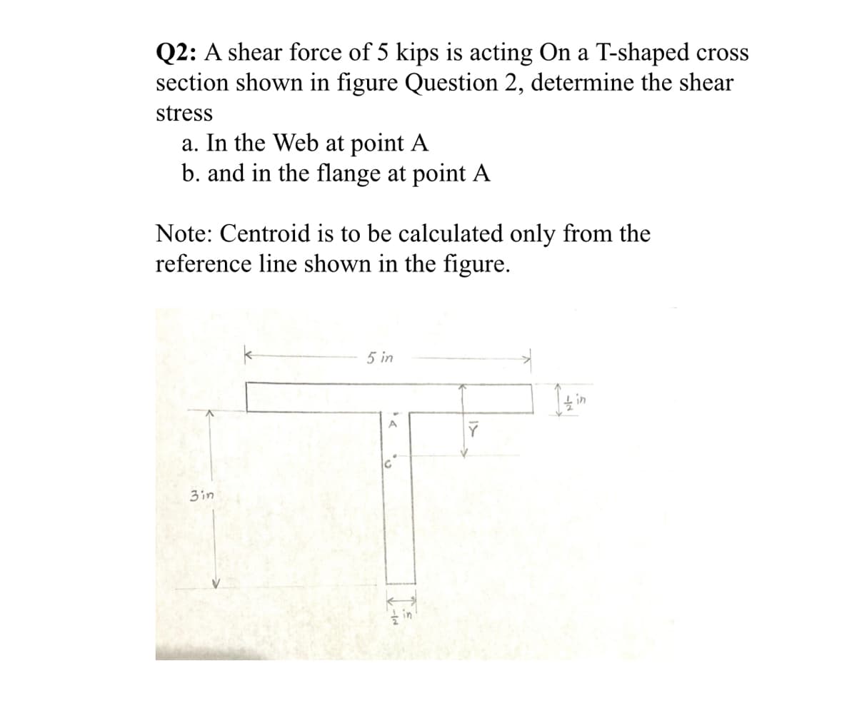 Q2: A shear force of 5 kips is acting On a T-shaped cross
section shown in figure Question 2, determine the shear
stress
a. In the Web at point A
b. and in the flange at point A
Note: Centroid is to be calculated only from the
reference line shown in the figure.
5 in
3in
in

