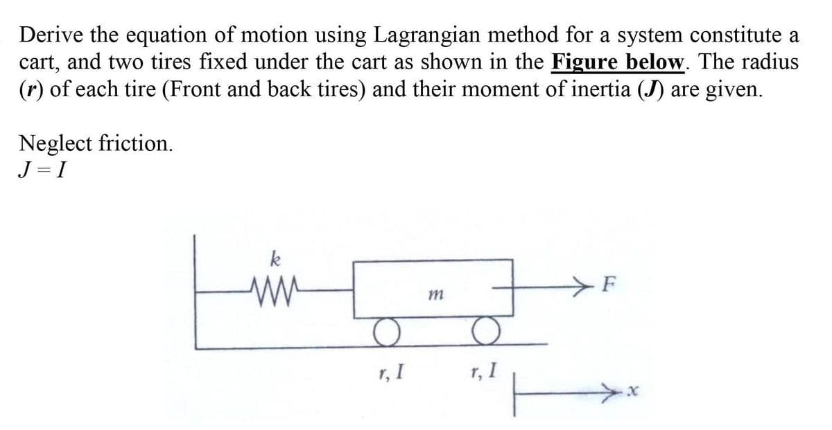 Derive the equation of motion using Lagrangian method for a system constitute a
cart, and two tires fixed under the cart as shown in the Figure below. The radius
(r) of each tire (Front and back tires) and their moment of inertia (J) are given.
Neglect friction.
J = I
k
F
r, I
r, I
