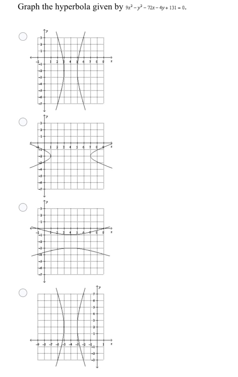 Graph the hyperbola given by 9x² -y² - 72x – 4y+ 131 = 0.
