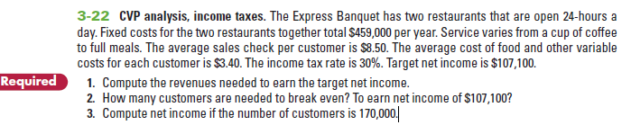 3-22 CVP analysis, income taxes. The Express Banquet has two restaurants that are open 24-hours a
day. Fixed costs for the two restaurants together total $459,000 per year. Service varies from a cup of coffee
to full meals. The average sales check per customer is $8.50. The average cost of food and other variable
costs for each customer is $3.40. The income tax rate is 30%. Target net income is $107,100.
1. Compute the revenues needed to earn the target net income.
2. How many customers are needed to break even? To earn net income of $107,100?
3. Compute net income if the number of customers is 170,000|
Required
