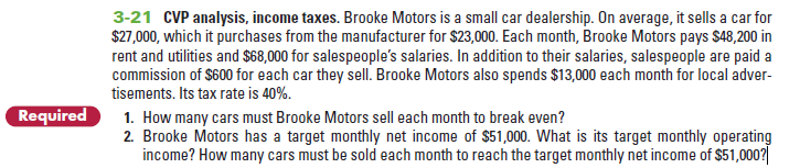 3-21 CVP analysis, income taxes. Brooke Motors is a small car dealership. On average, it sells a car for
$27,000, which it purchases from the manufacturer for $23,000. Each month, Brooke Motors pays $48,200 in
rent and utilities and $68,000 for salespeople's salaries. In addition to their salaries, salespeople are paid a
commission of $600 for each car they sell. Brooke Motors also spends $13,000 each month for local adver-
tisements. Its tax rate is 40%.
Required
1. How many cars must Brooke Motors sell each month to break even?
2. Brooke Motors has a target monthly net income of $51,000. What is its target monthly operating
income? How many cars must be sold each month to reach the target monthly net income of $51,000?|
