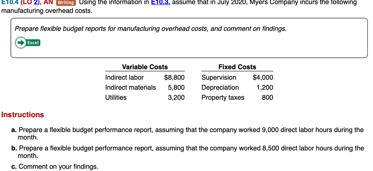 E10.4 (LO 2), AN Writing Using the information in E10.3, assume that in July 2020, Myers Company incurs the following
manufacturing overhead costs.
Prepare flexible budget reports for manufacturing overhead costs, and comment on findings.
Excel
Instructions
Variable Costs
Indirect labor
$8,800
Indirect materials 5,800
Utilities
3,200
Fixed Costs
Supervision
Depreciation
Property taxes
$4,000
1,200
800
a. Prepare a flexible budget performance report, assuming that the company worked 9,000 direct labor hours during the
month.
b. Prepare a flexible budget performance report, assuming that the company worked 8,500 direct labor hours during the
month.
c. Comment on your findings.