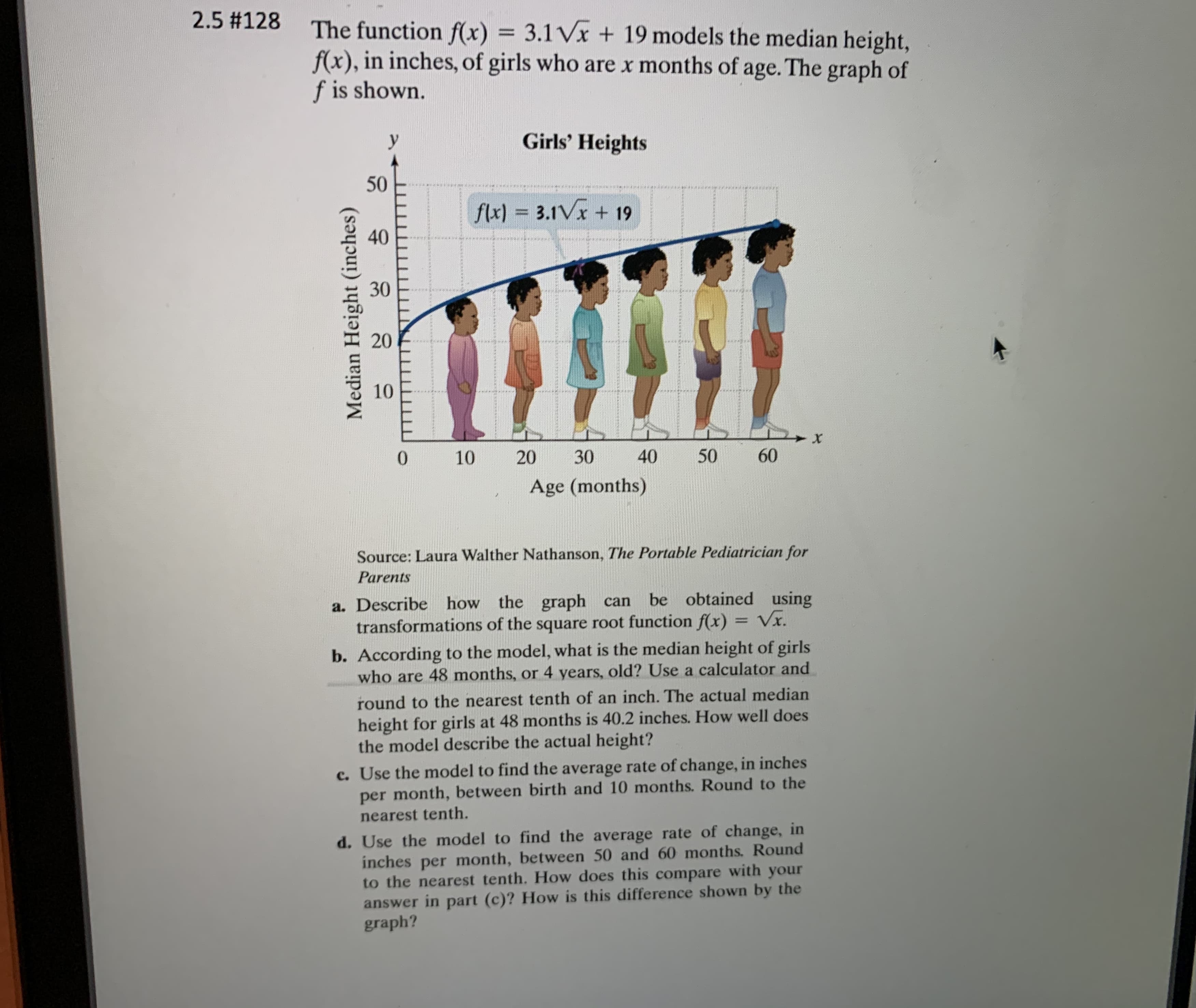 The function f(x) = 3.1 Vx + 19 models the median height,
f(x), in inches, of girls who are x months of age. The graph of
f is shown.
%3D
