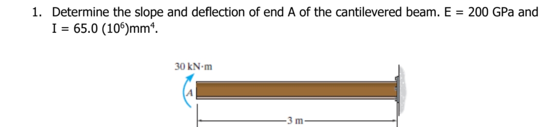 1. Determine the slope and deflection of end A of the cantilevered beam. E = 200 GPa and
I = 65.0 (10°)mm*.
30 kN-m
3m
