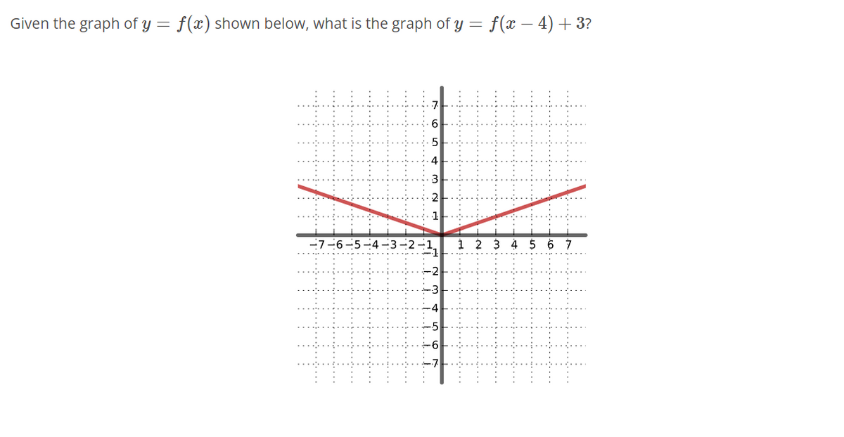 Given the graph of y = f(x) shown below, what is the graph of y = f(x - 4) + 3?
-7-6-5
AN
-7
1
or Gr.
1 2 3 4 5 6 7