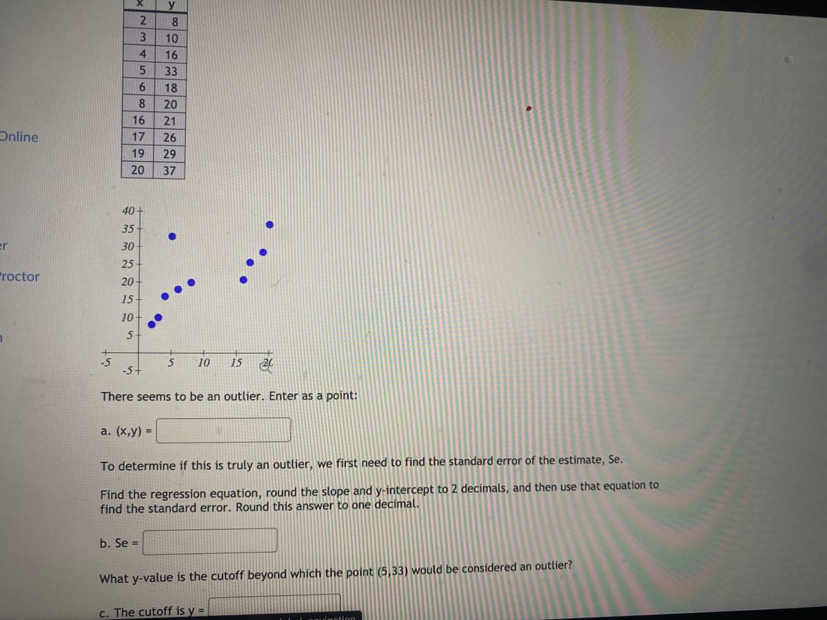 2
3.
10
4.
16
33
6.
18
8.
20
16
21
Online
17
26
19
29
20
37
40+
35
er
30
25
Proctor
20
15
10
-5
-5+
5
10
15
There seems to be an outlier. Enter as a point:
a. (х,у) %3
To determine if this is truly an outlier, we first need to find the standard error of the estimate, Se.
Find the regression equation, round the slope and y-intercept to 2 decimals, and then use that equation to
find the standard error. Round this answer to one decimal.
b. Se =
What y-value is the cutoff beyond which the point (5,33) would be considered an outlier?
c. The cutoff is y =
