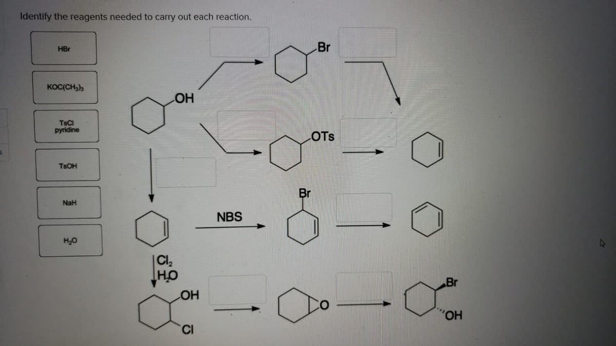 Identify the reagents needed to carry out each reaction.
HBr
Br
KOC(CH3)3
OH
TSCI
pyridine
OTS
TSOH
Br
NaH
NBS
H20
|Cl,
HO
Br
"OH
CI
