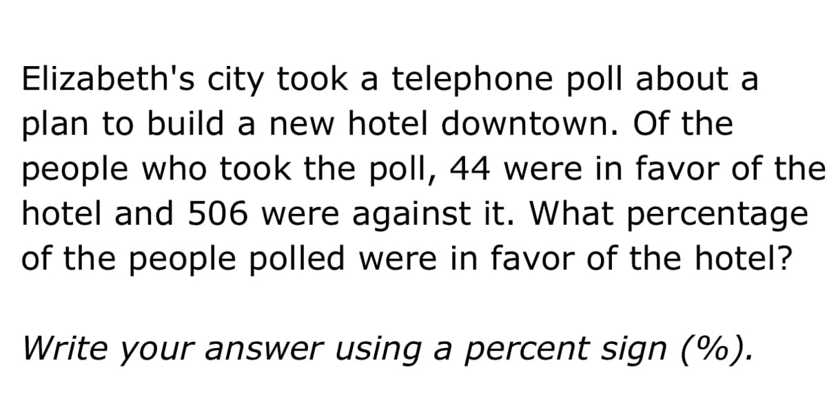 Elizabeth's city took a telephone poll about a
plan to build a new hotel downtown. Of the
people who took the poll, 44 were in favor of the
hotel and 506 were against it. What percentage
of the people polled were in favor of the hotel?
Write your answer using a percent sign (%).
