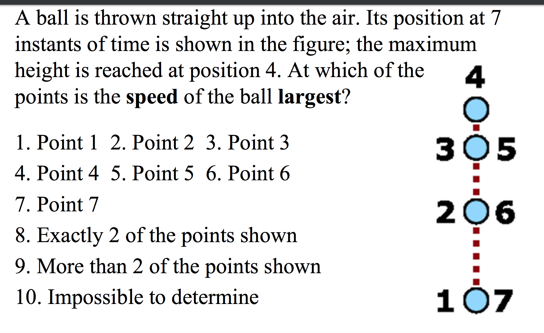 A ball is thrown straight up into the air. Its position at 7
instants of time is shown in the figure; the maximum
height is reached at position 4. At which of the
points is the speed of the ball largest?
1. Point 1 2. Point 2 3. Point 3
3O5
4. Point 4 5. Point 5 6. Point 6
7. Point 7
206
8. Exactly 2 of the points shown
9. More than 2 of the points shown
107
10. Impossible to determine
