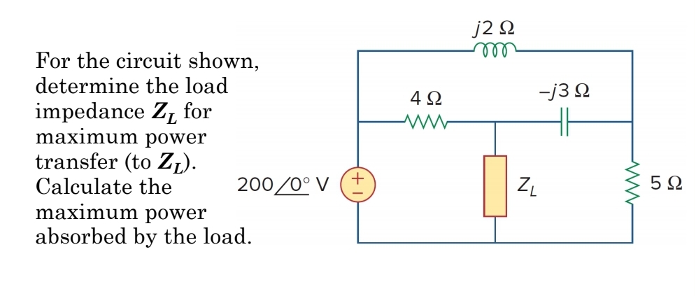 For the circuit shown,
determine the load
impedance Z₁ for
maximum power
transfer (to ZŁ).
Calculate the
200/0° V
maximum power
absorbed by the load.
+
-
4Ω
www
j2 Ω
-j3 Q
ZL
5Ω