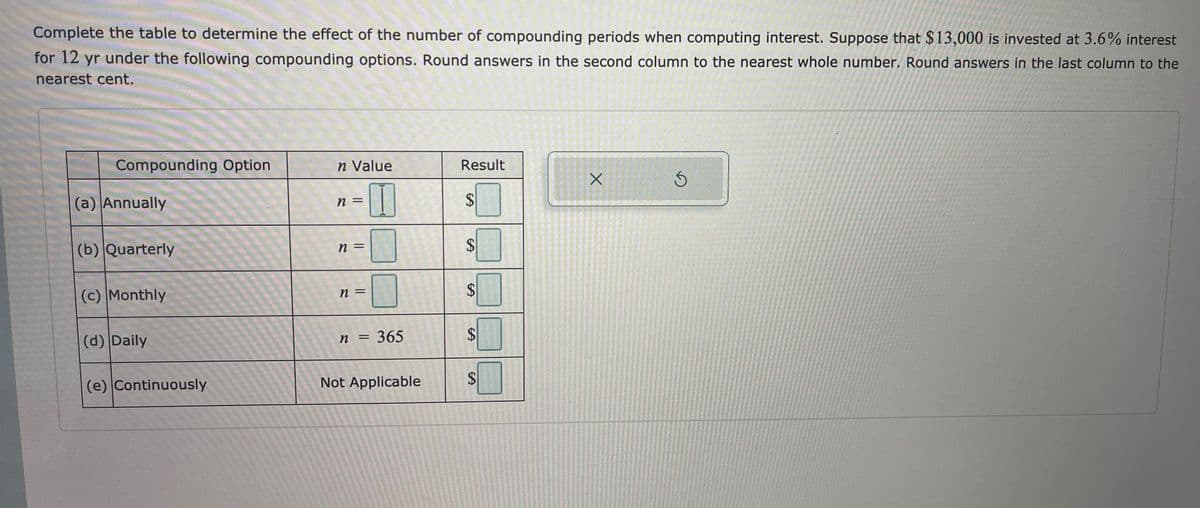 Complete the table to determine the effect of the number of compounding periods when computing interest. Suppose that $13,000 is invested at 3.6% interest
for 12 yr under the following compounding options. Round answers in the second column to the nearest whole number. Round answers in the last column to the
nearest cent.
Compounding Option
n Value
Result
(a) Annually
2$
%3D
(b) Quarterly
%3D
(c) Monthly
n =
(d) Daily
n = 365
(e) Continuously
Not Applicable
%24
%24
%24
%24
