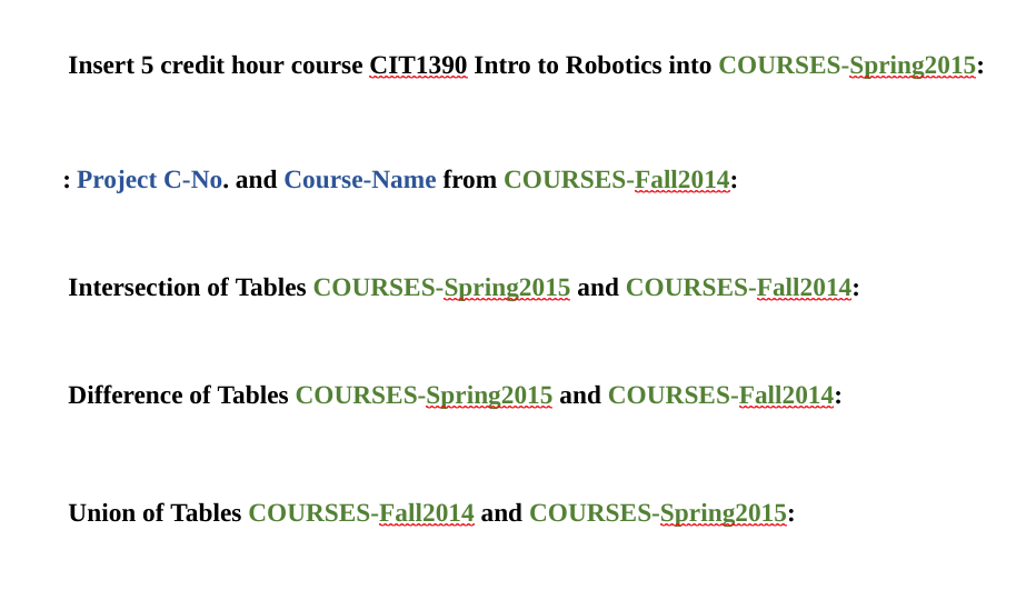 Insert 5 credit hour course CIT1390 Intro to Robotics into COURSES-Spring2015:
: Project C-No. and Course-Name from COURSES-Fall2014:
Intersection of Tables COURSES-Spring2015 and COURSES-Fall2014:
Difference of Tables COURSES-Spring2015 and COURSES-Fall2014:
Union of Tables COURSES-Fall2014 and COURSES-Spring2015:
