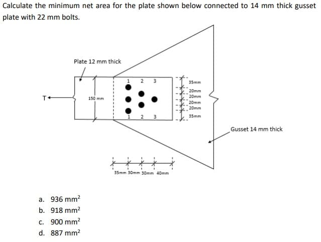 Calculate the minimum net area for the plate shown below connected to 14 mm thick gusset
plate with 22 mm bolts.
Plate 12 mm thick
3
35mm
20mm
20mm
T+
150 mm
20mm
20mm
35mm
Gusset 14 mm thick
35mm 30mm 30mm 40mm
a. 936 mm?
b. 918 mm?
c. 900 mm?
d. 887 mm?
