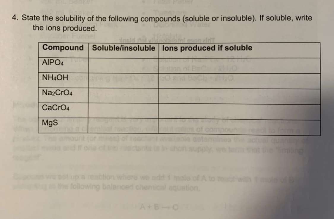 4. State the solubility of the following compounds (soluble or insoluble). If soluble, write
the ions produced.
Water
lnsid
Compound Soluble/insoluble lons produced if soluble
AIPO4
NH4OH
Na2CrO4
CaCrO4
MgS
y of
he imung
up a reaction where we add 1 male of A to ro wilth
the following balanced chemical equation.
A+B C
